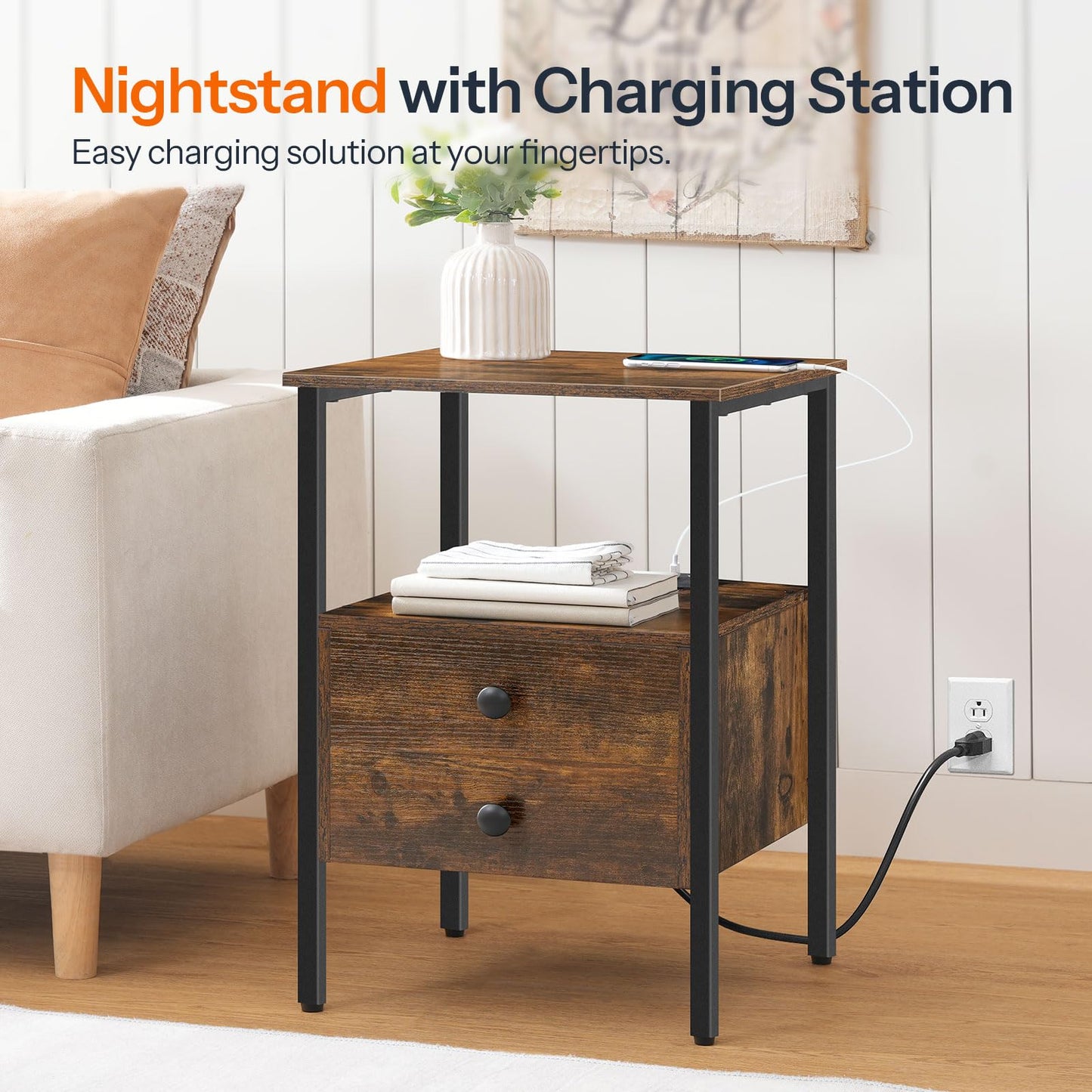 HOOBRO 2-Drawer Nightstands & End Tables with Charging Station / 2PICS
