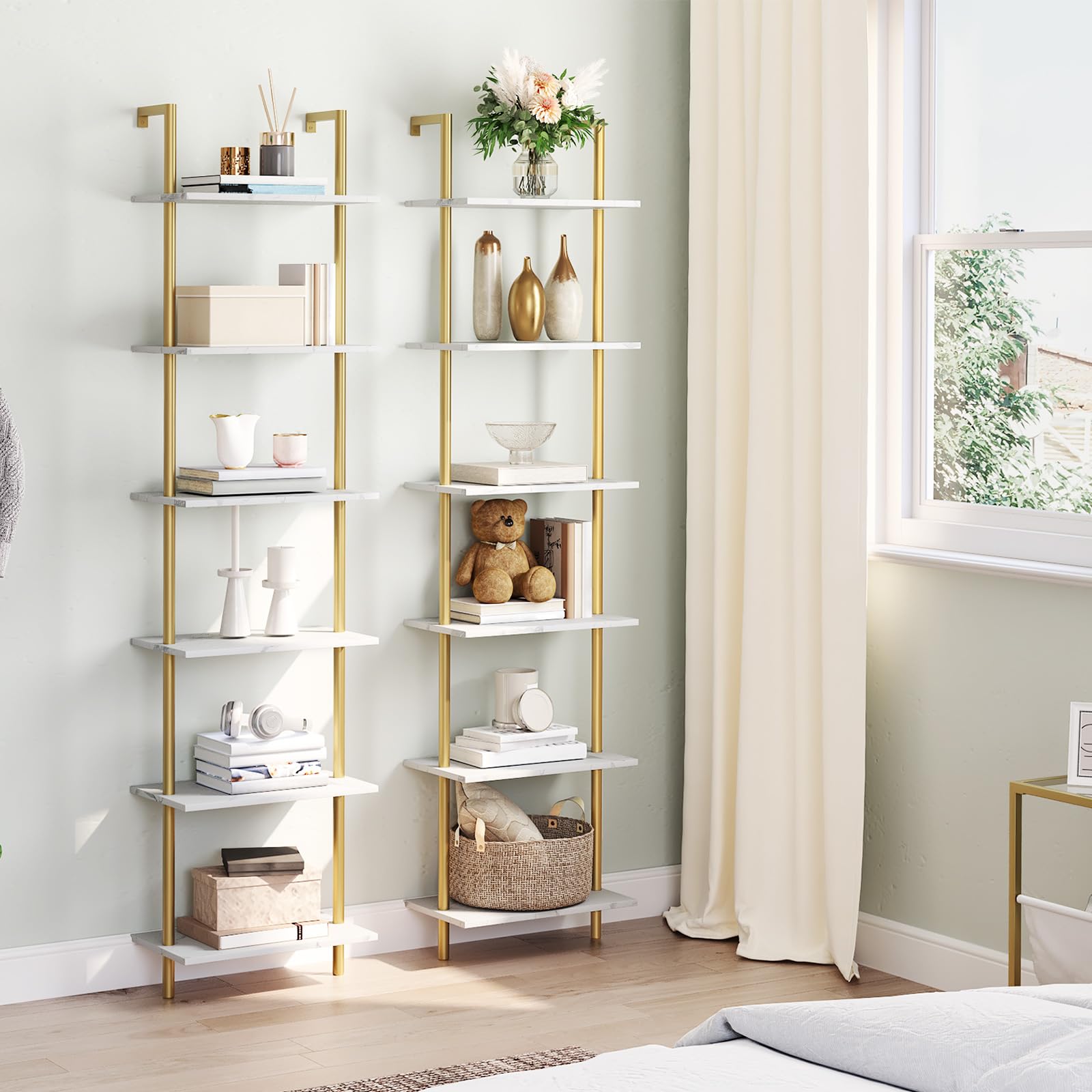 Tall white shelf with gold accents in a room with a window and curtains.