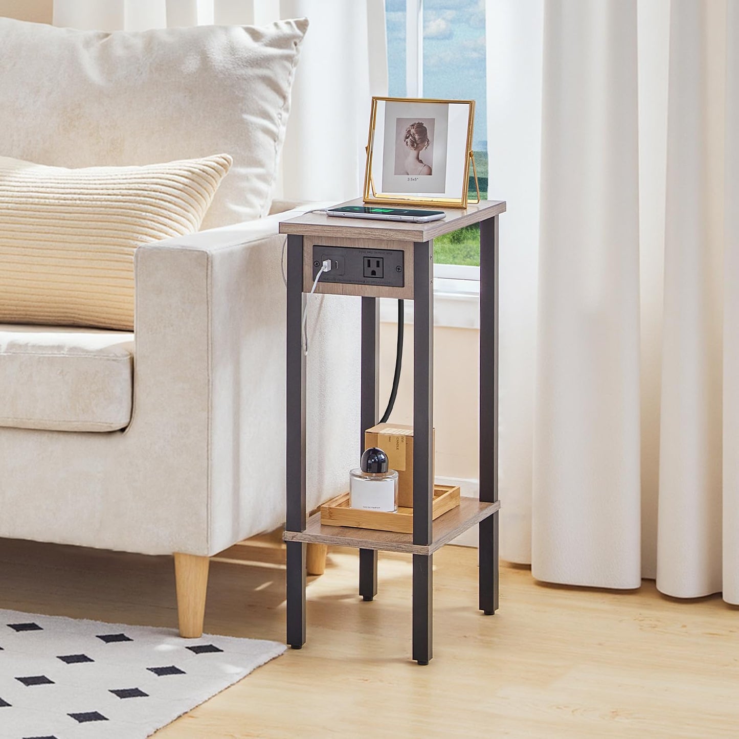 HOOBRO Greige Double-Layer Narrow Side Table with Charging Station & Open Storage