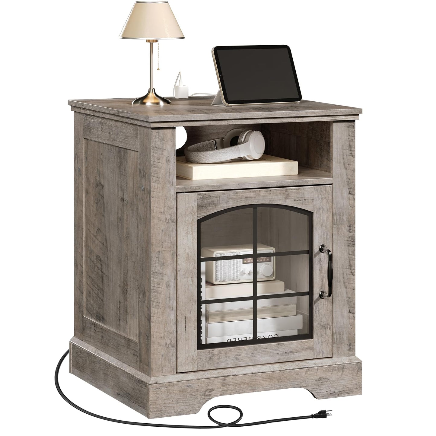 HOOBRO 17.7-inch Greige Wood Farmhouse Style Living Room Side Table with Charging Station