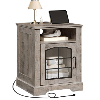 HOOBRO 17.7-inch Greige Wood Farmhouse Style Living Room Side Table with Charging Station