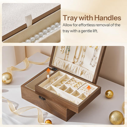 Wooden jewelry box with open lid displaying jewelry, tray with handles feature highlighted.