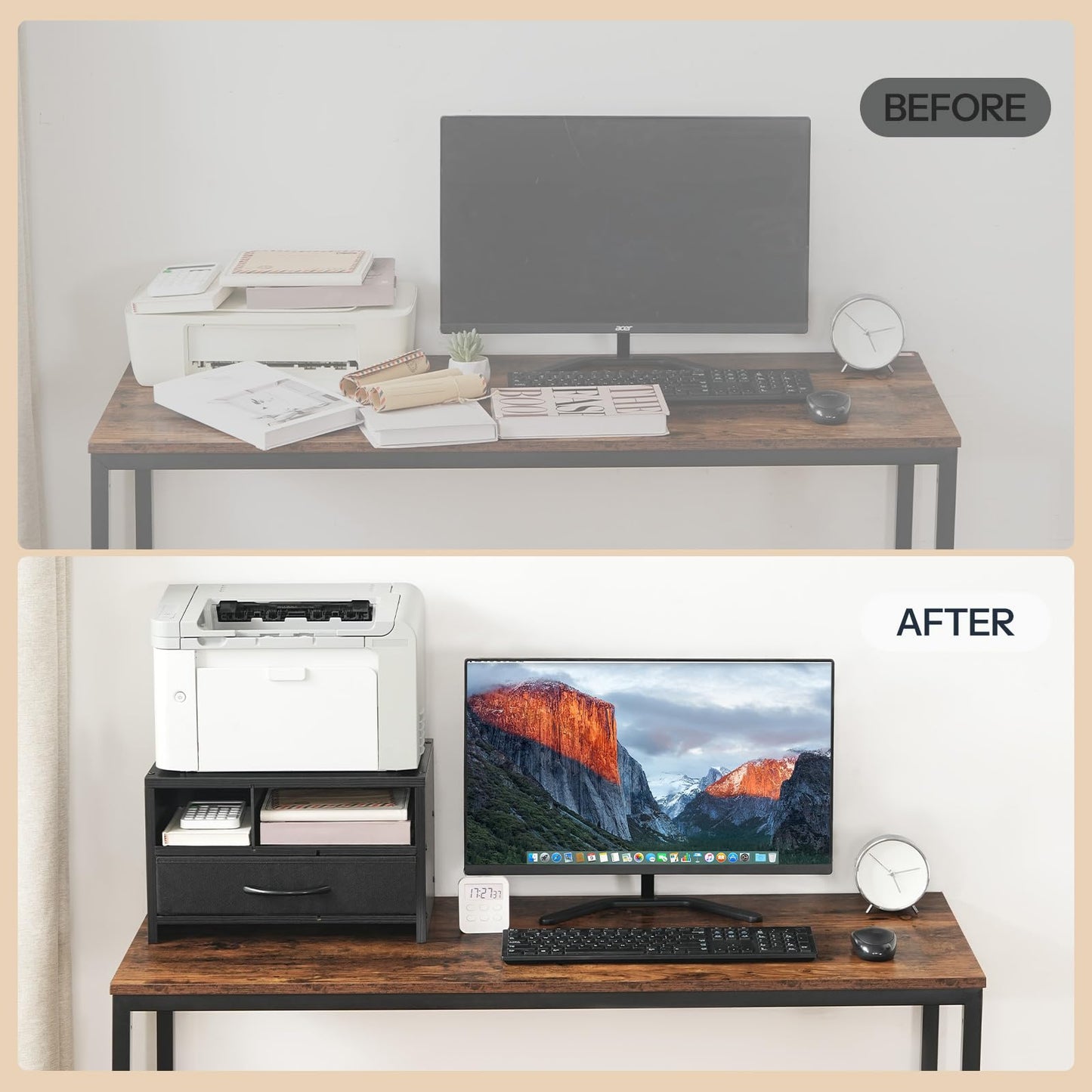 HOOBRO Black Wooden Desktop Printer Stand with Drawer