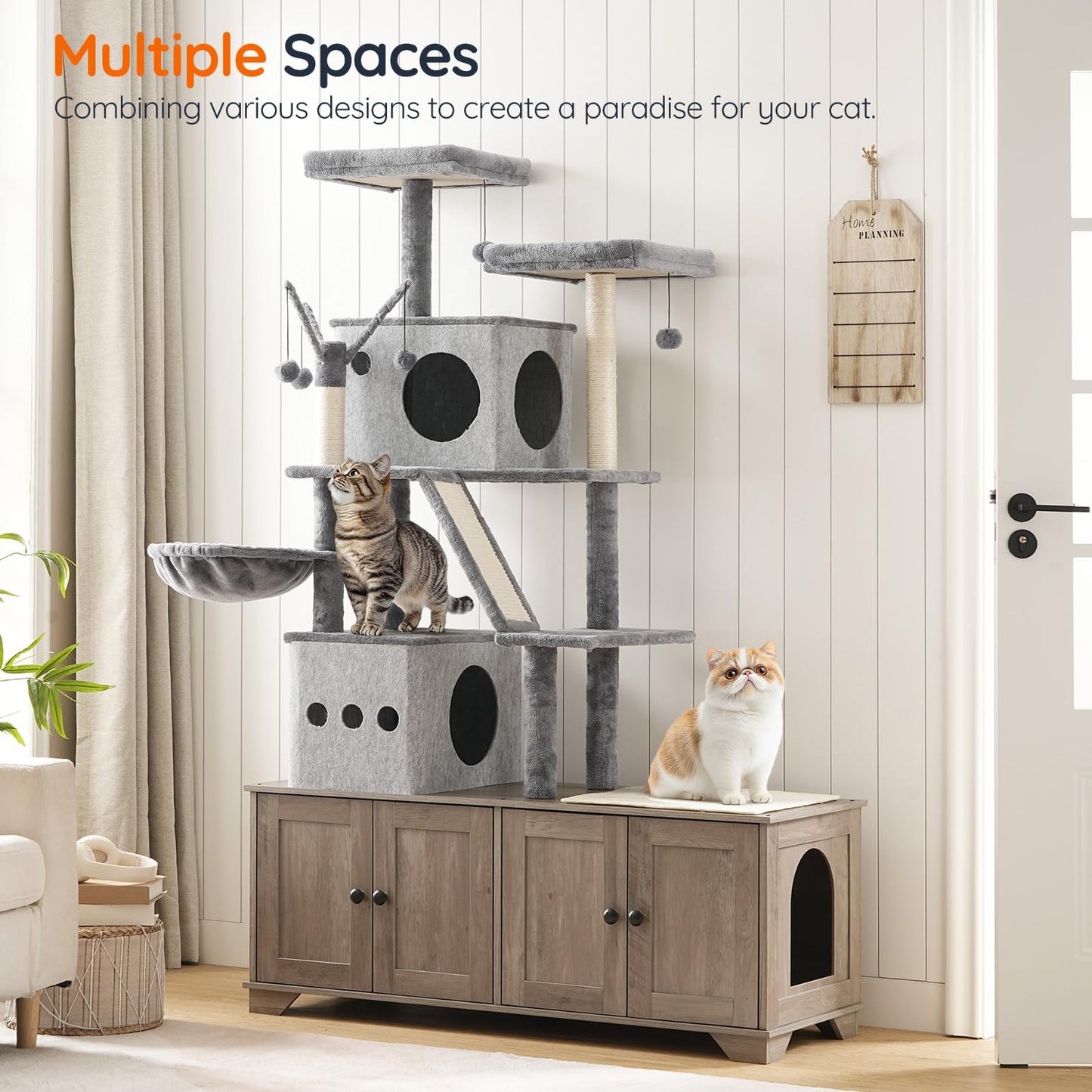 HOOBRO Greige Double-Layer Concealed Integrated Litter Box Enclosure with Cat Tree & Hammock & Sisal Post