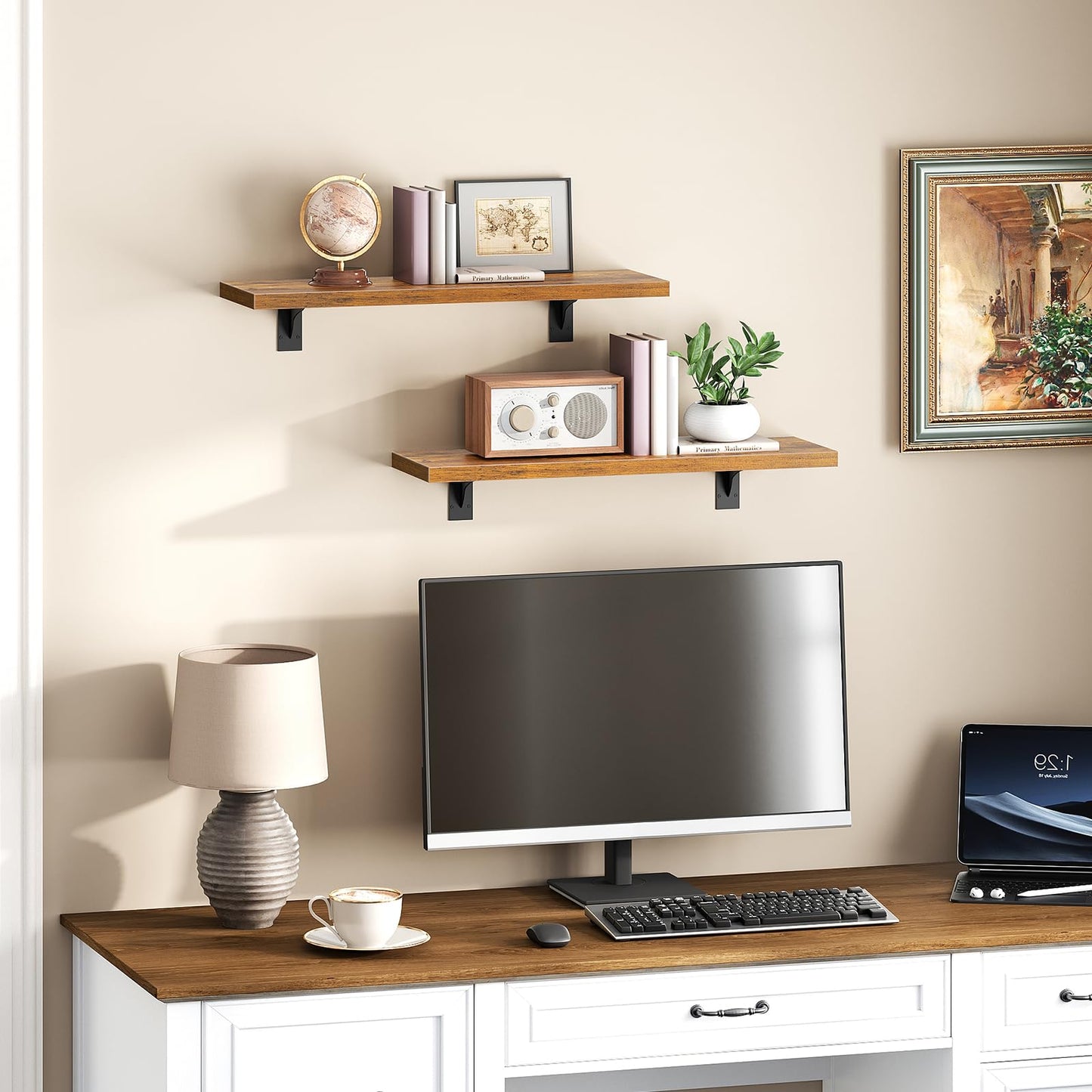 HOOBRO Vintage Brown 15.4-inch Wooden Wall-Mounted Shelf Set with Metal Bracket /2PICS