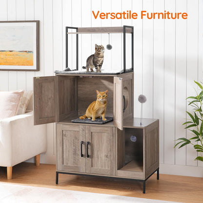 HOOBRO 2-in-1 Double-Layer Concealed Litter Box Furniture with Shelf & 2 Hanging Plush Balls & 1 Toy Bal