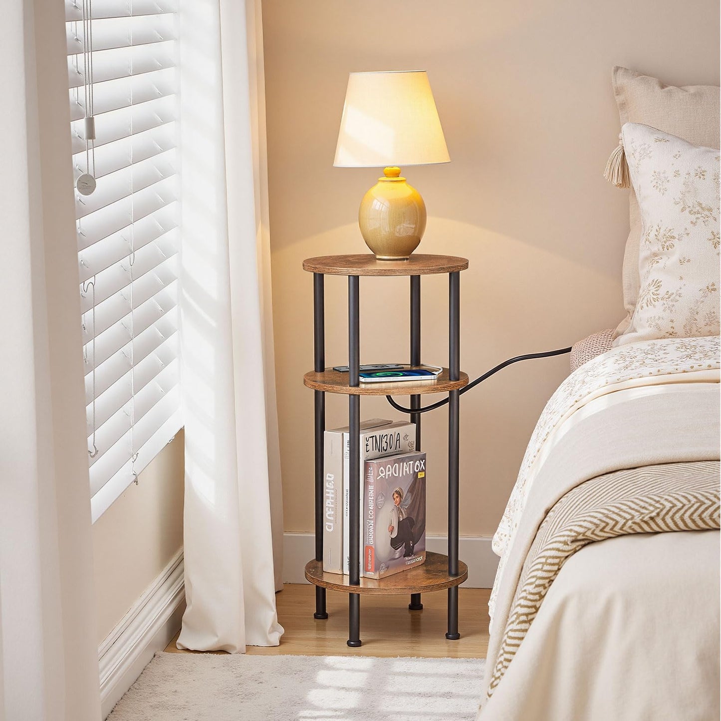 HOOBRO 3-Tier Small Round Side Table with Charging Station