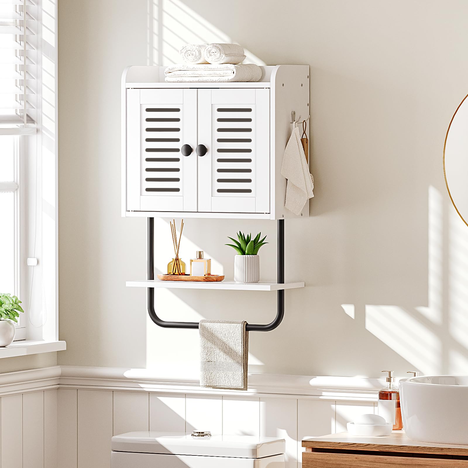 White wall-mounted cabinet with a shelf in a bathroom setting