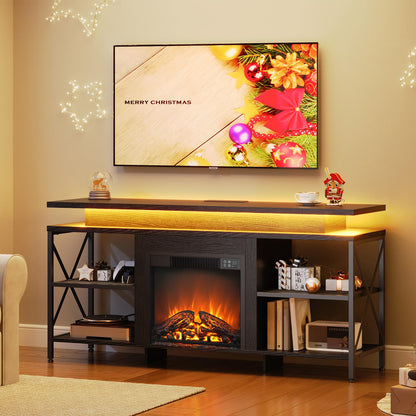 Living room with a TV displaying a Christmas-themed screen, a fireplace, and decorative items.
