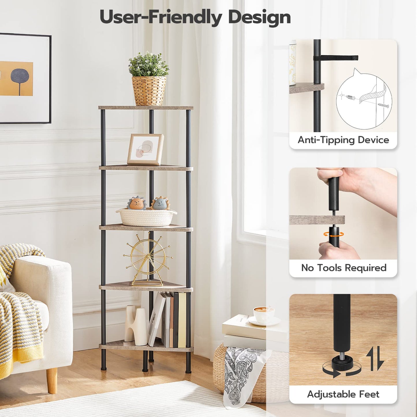 HOOBRO Greige Industrial Style Five-Tier Corner Bookshelf