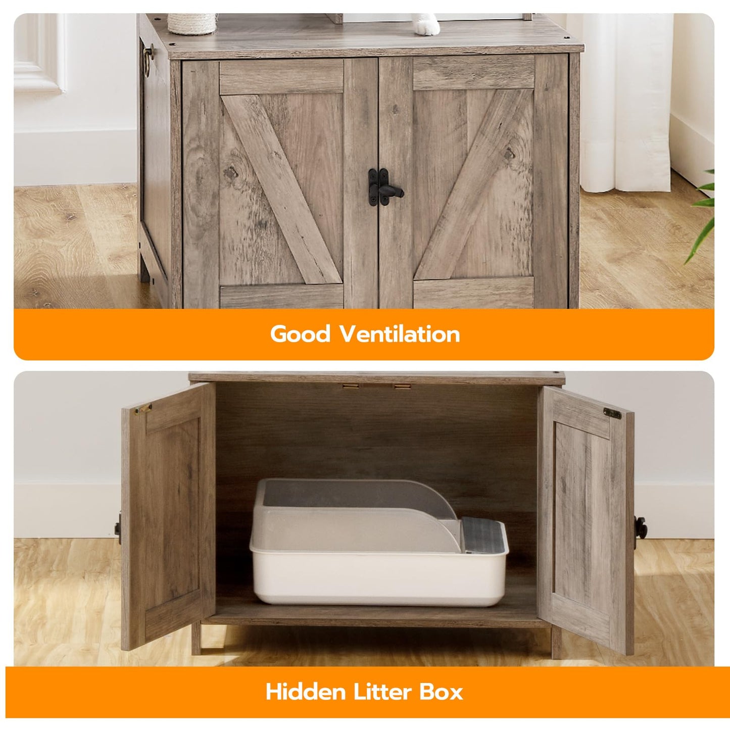 HOOBRO Greige Wooden Concealed Cat Tree Tower with Litter Box Enclosure & Scratching Post