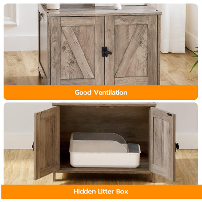 HOOBRO Greige Wooden Concealed Cat Tree Tower with Litter Box Enclosure & Scratching Post