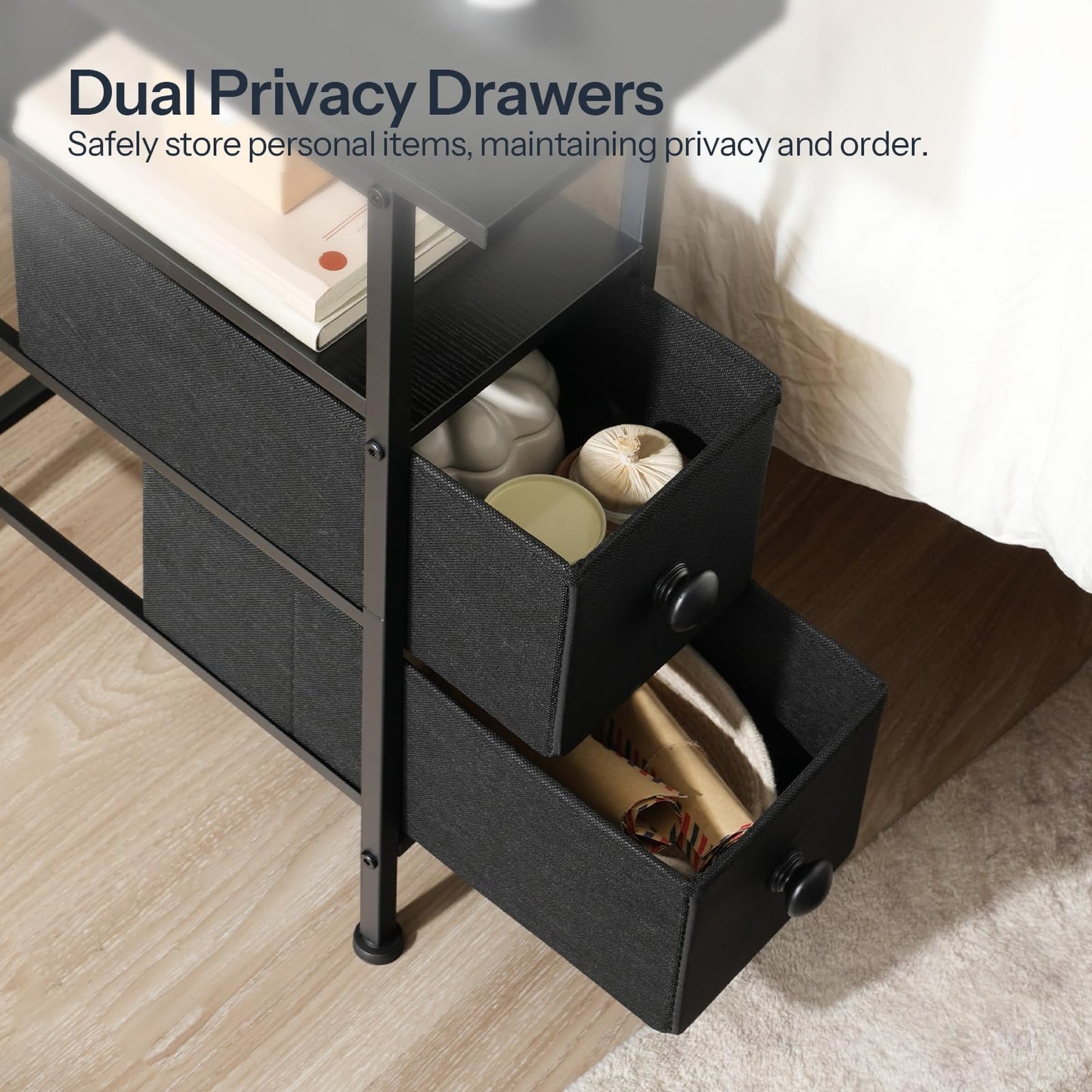 Black nightstand with dual privacy drawers in a bedroom setting