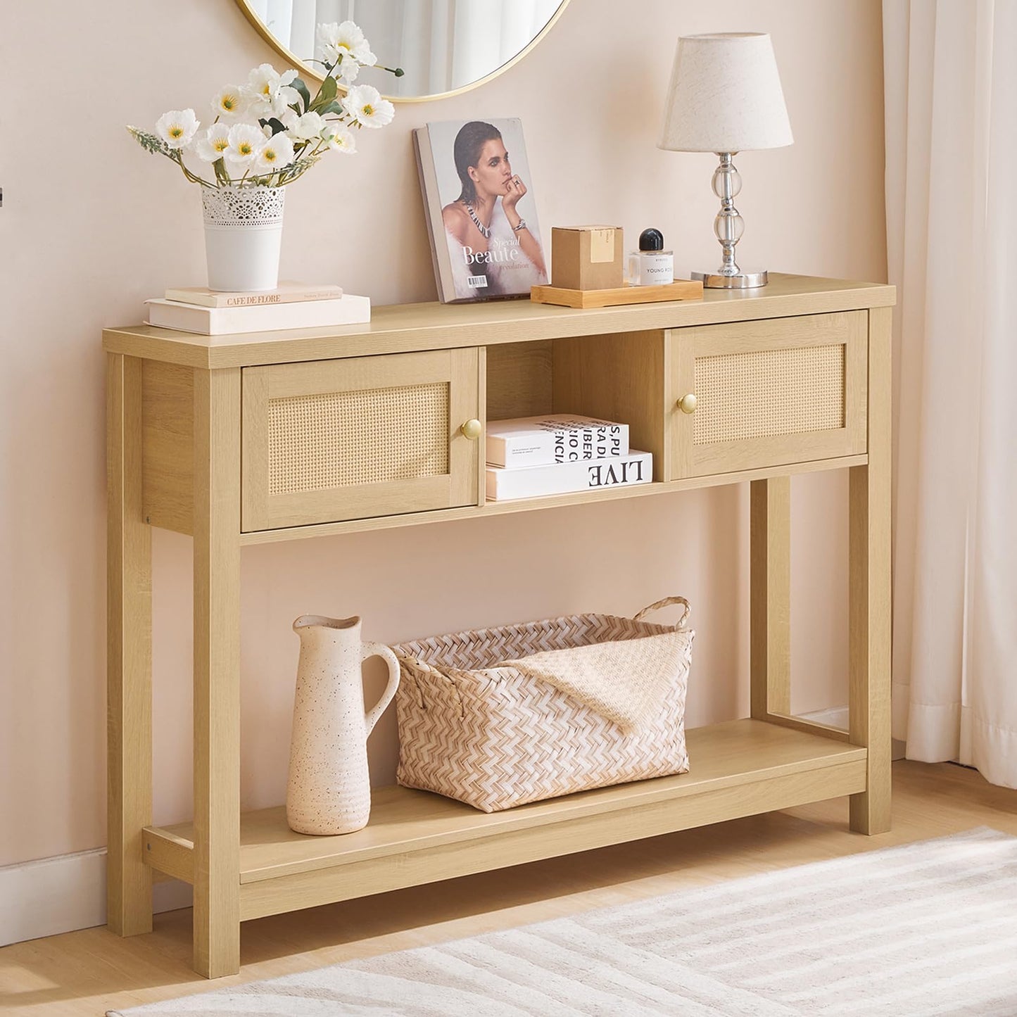 HOOBRO 47-inch Rattan Style Entryway  Console Table with Storage