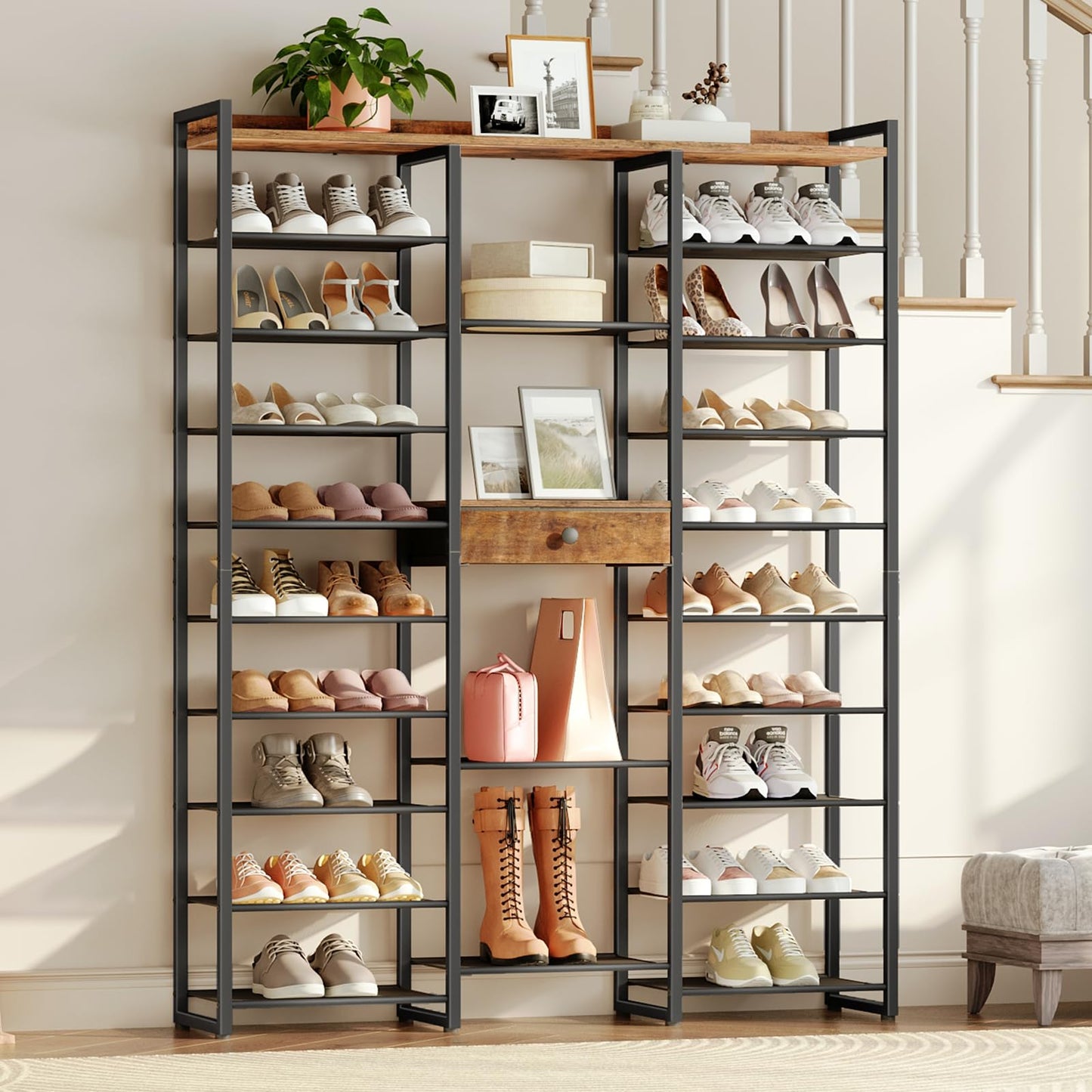Shoe rack with various shoes and decor items in a room setting