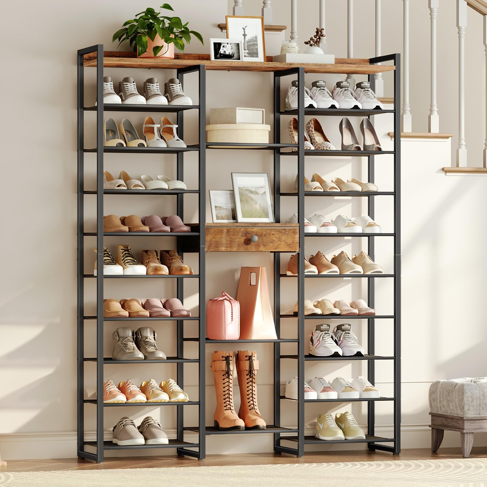 Shoe rack with various shoes and decor items in a room setting