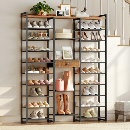 Shoe rack with various shoes and decor items in a room setting