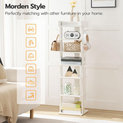 White ladder shelf in a room with various items on it, featuring text about matching with home furniture.