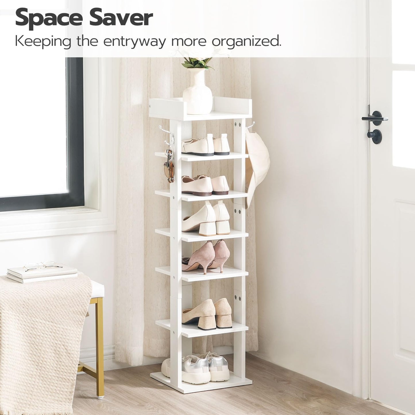 White shoe rack with shoes on shelves in a room setting, labeled 'Space Saver'.