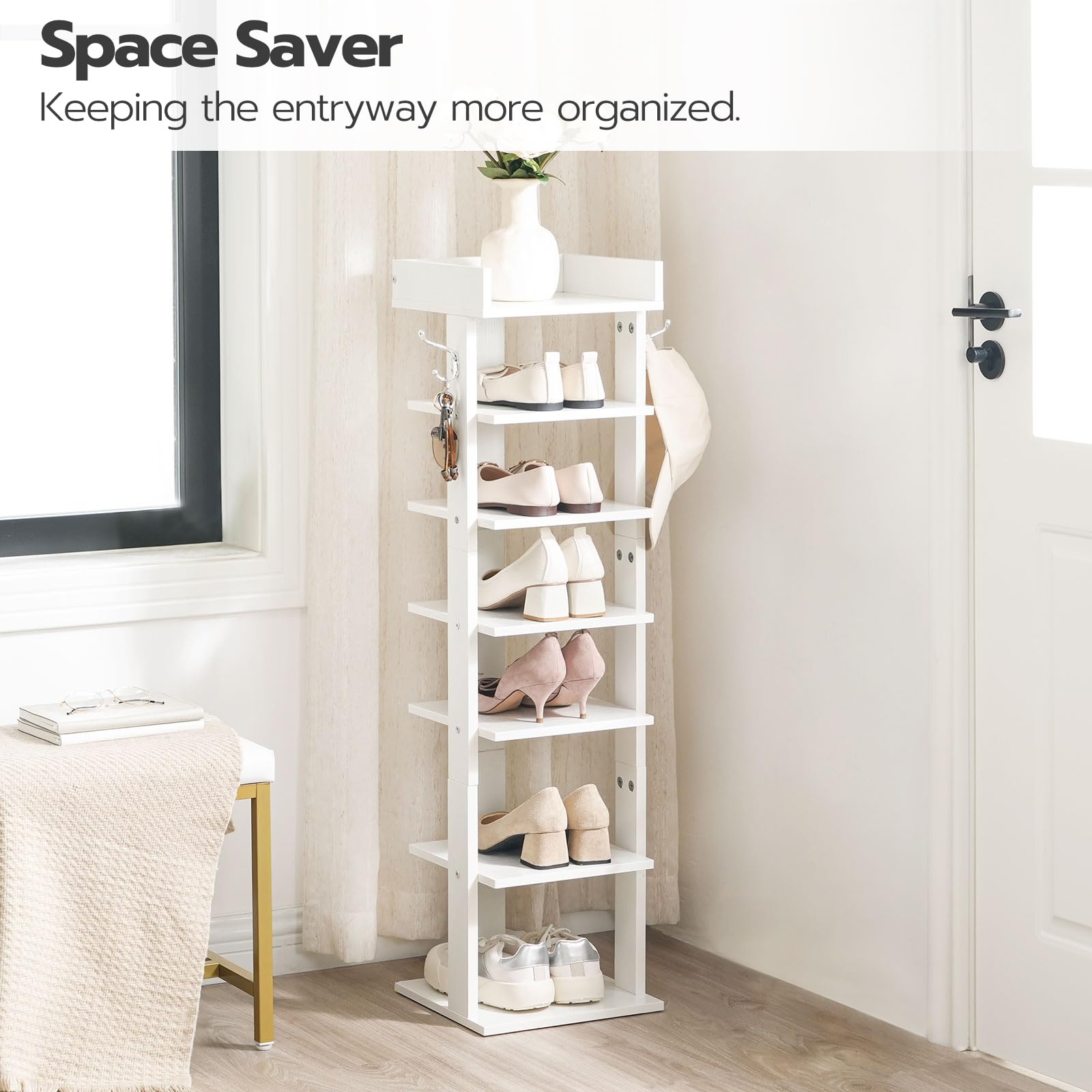 White shoe rack with shoes on shelves in a room setting, labeled 'Space Saver'.