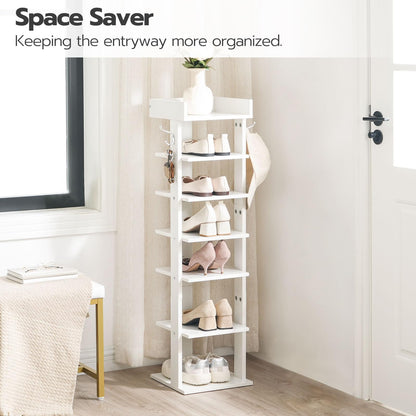 White shoe rack with shoes on shelves in a room setting, labeled 'Space Saver'.