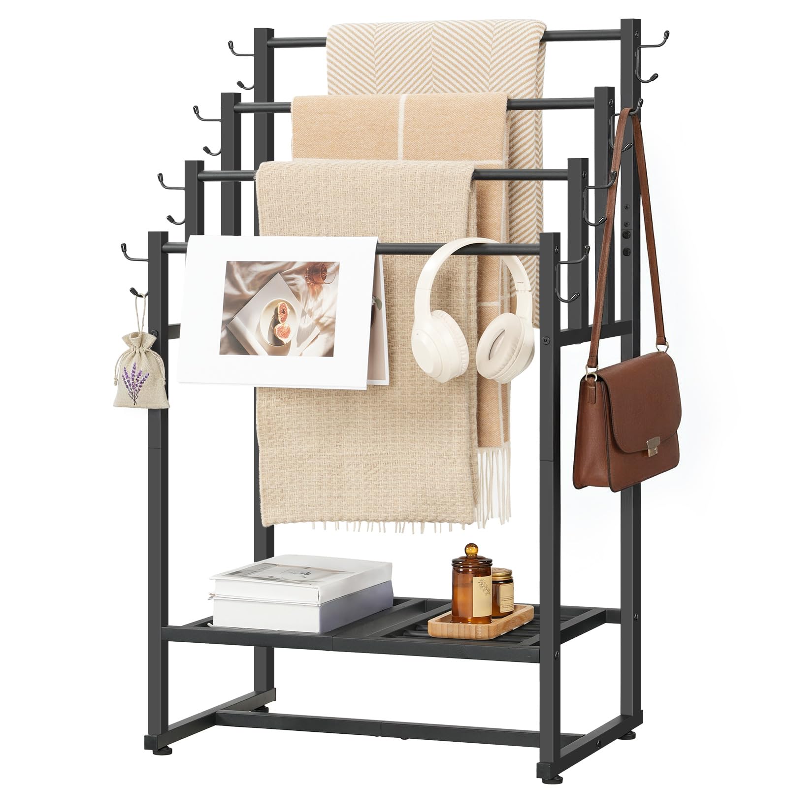 Black metal rack with hooks and shelves holding various items on a white background