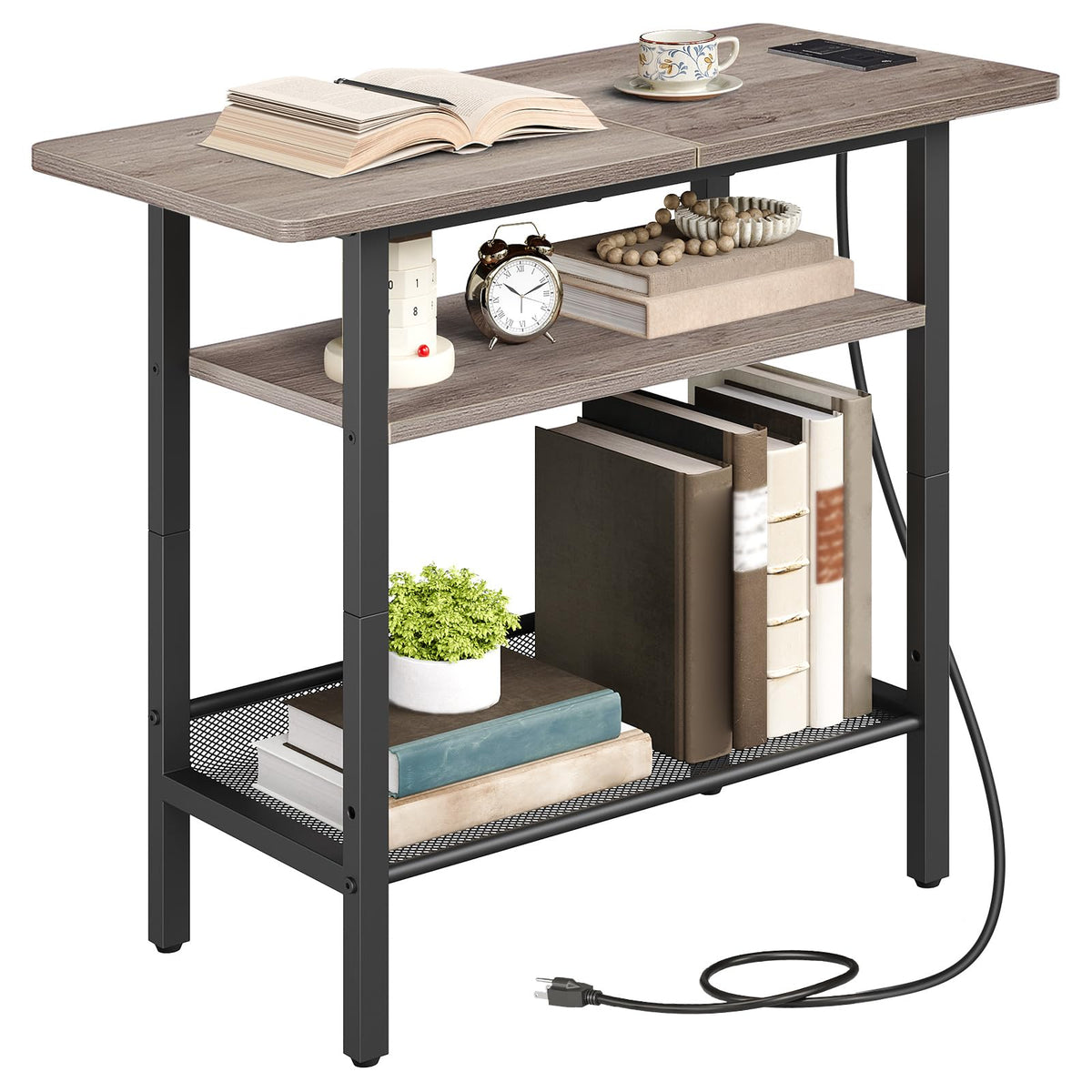 HOOBRO Side Table, Narrow End Table with Shelf, Charging Station, Wide Storage Tabletop, 3-Tier Bedside Tables for for Small Spaces, Living Room, Bedroom, Greige and Black BG366UBZ01