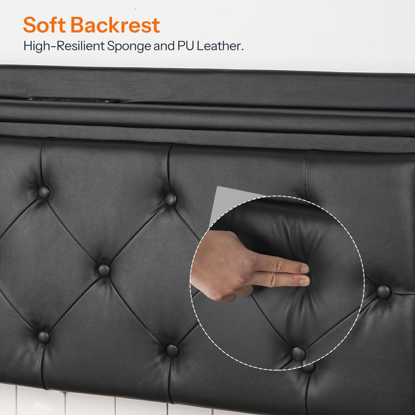 Black tufted headboard with a hand touching the soft backrest, highlighting high-resilient sponge and PU leather.