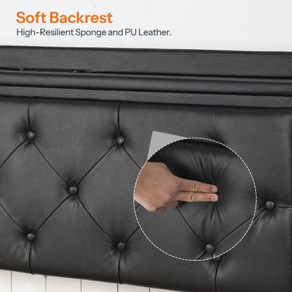 Black tufted headboard with a hand touching the soft backrest, highlighting high-resilient sponge and PU leather.