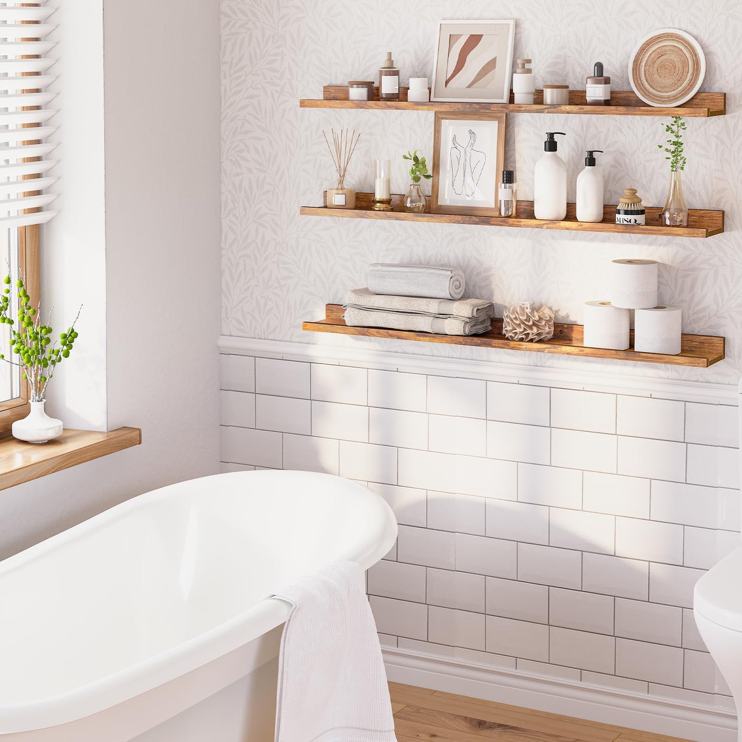 HOOBRO Retro Brown 47.2-inch Floating Shelf with Raised Edges & Concealed Brackets /3PICS