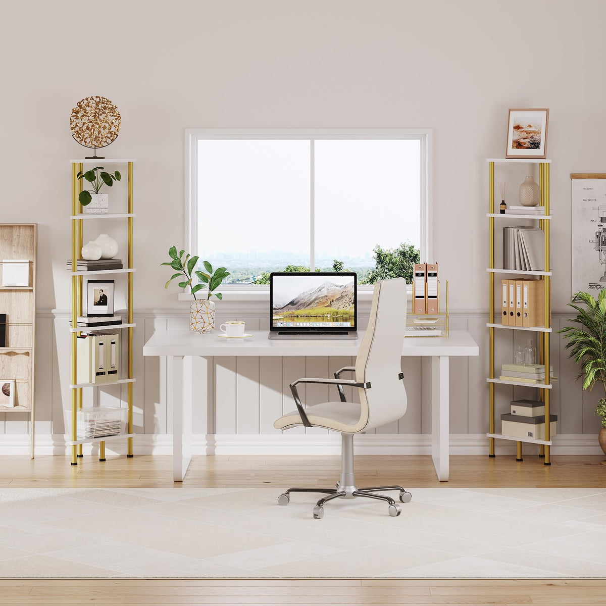 HOOBRO Corner Shelf Stand, Industrial 6-Tier Wall Corner Bookshelf with Metal Frame, Plant Display Shelf, Bookcase for Small Spaces, Living Room, White and Gold DW36CJ01