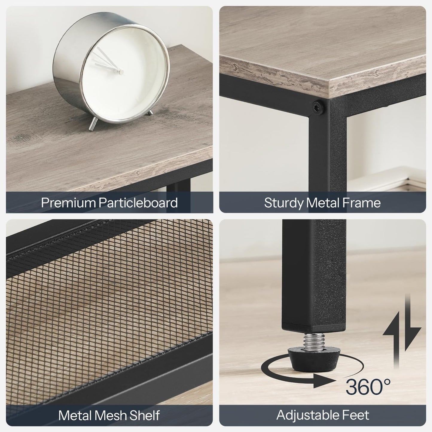 HOOBRO Greige Four-Tier Industrial Style Adjustable Leg Narrow Entryway Table with Metal Mesh Frame