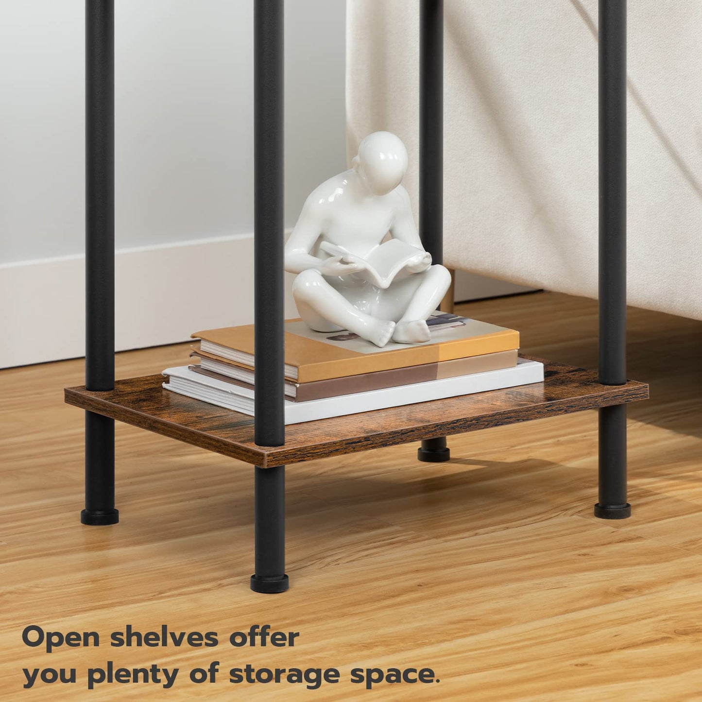 HOOBRO Retro Brown Side Table with Charging Station & USB Port & Power Outlet & Double-Layer Storage Shelf