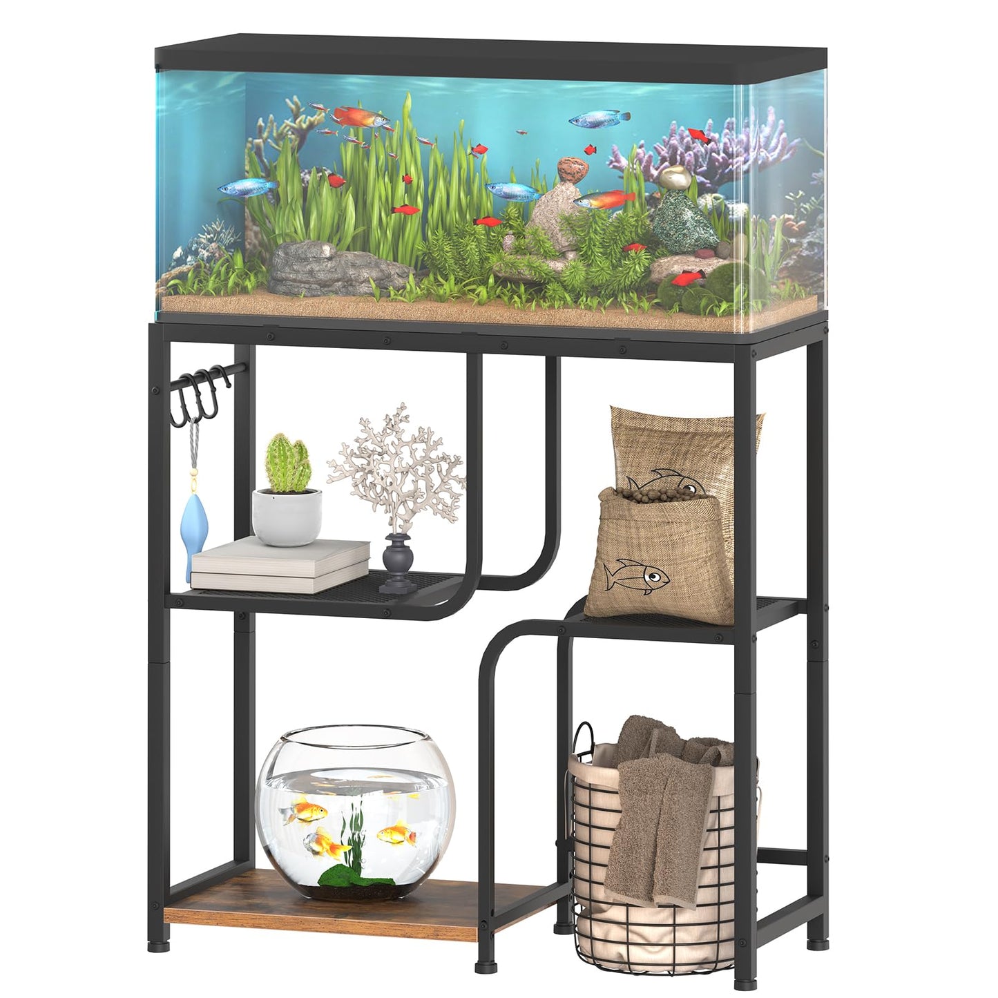 Fishing tank with decorative items on a metal stand against a white background