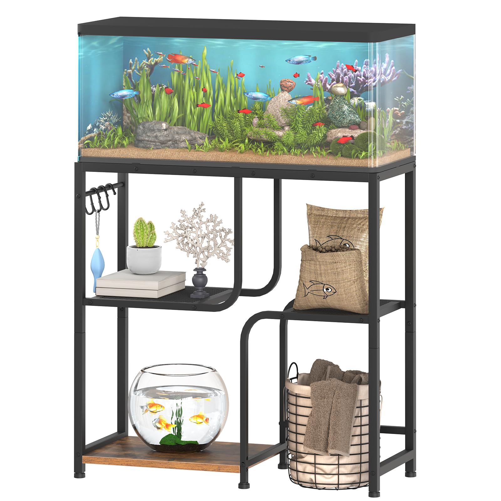 Fishing tank with decorative items on a metal stand against a white background
