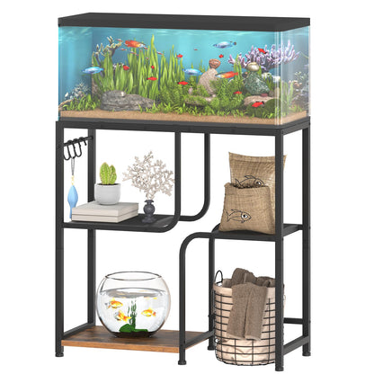 Fishing tank with decorative items on a metal stand against a white background