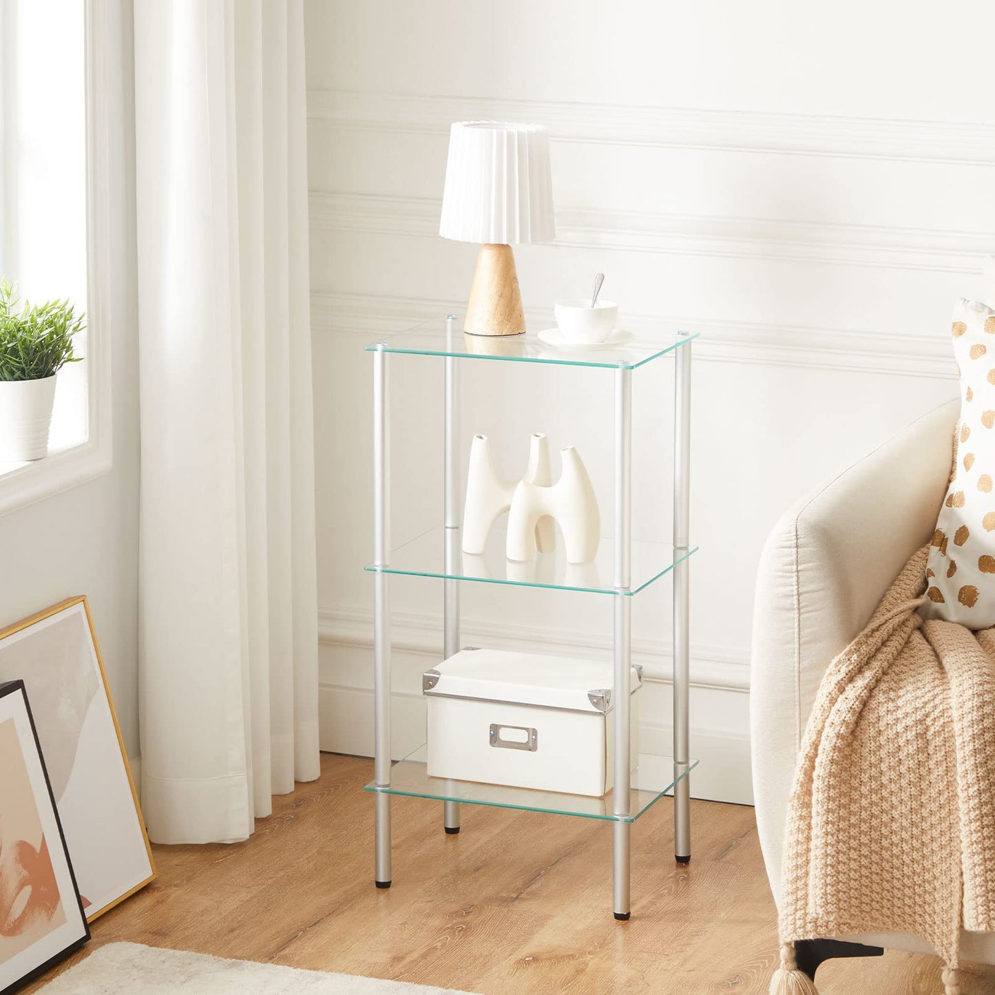 HOOBRO Silver Three-Tier Floor-Standing Glass Bathroom Shelf