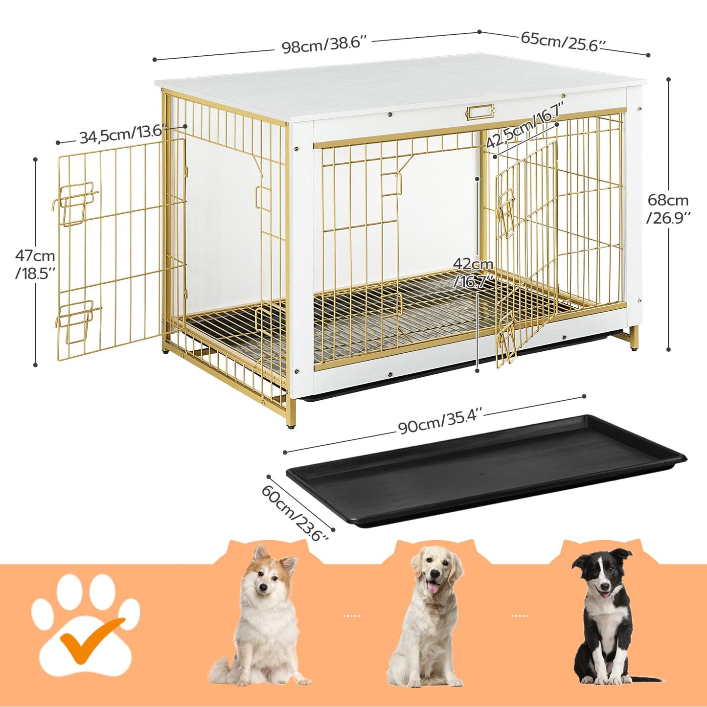 HOOBRO White 38.6-inch Wooden Double Door Large Indoor Dog Cage with Pull-out Tray