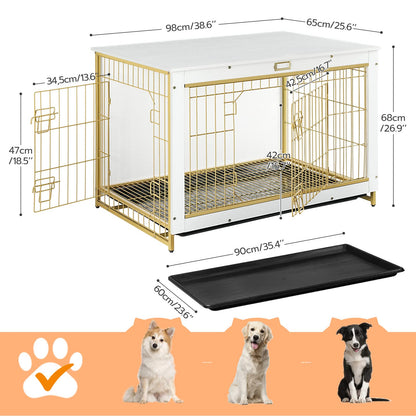 HOOBRO White 38.6-inch Wooden Double Door Large Indoor Dog Cage with Pull-out Tray