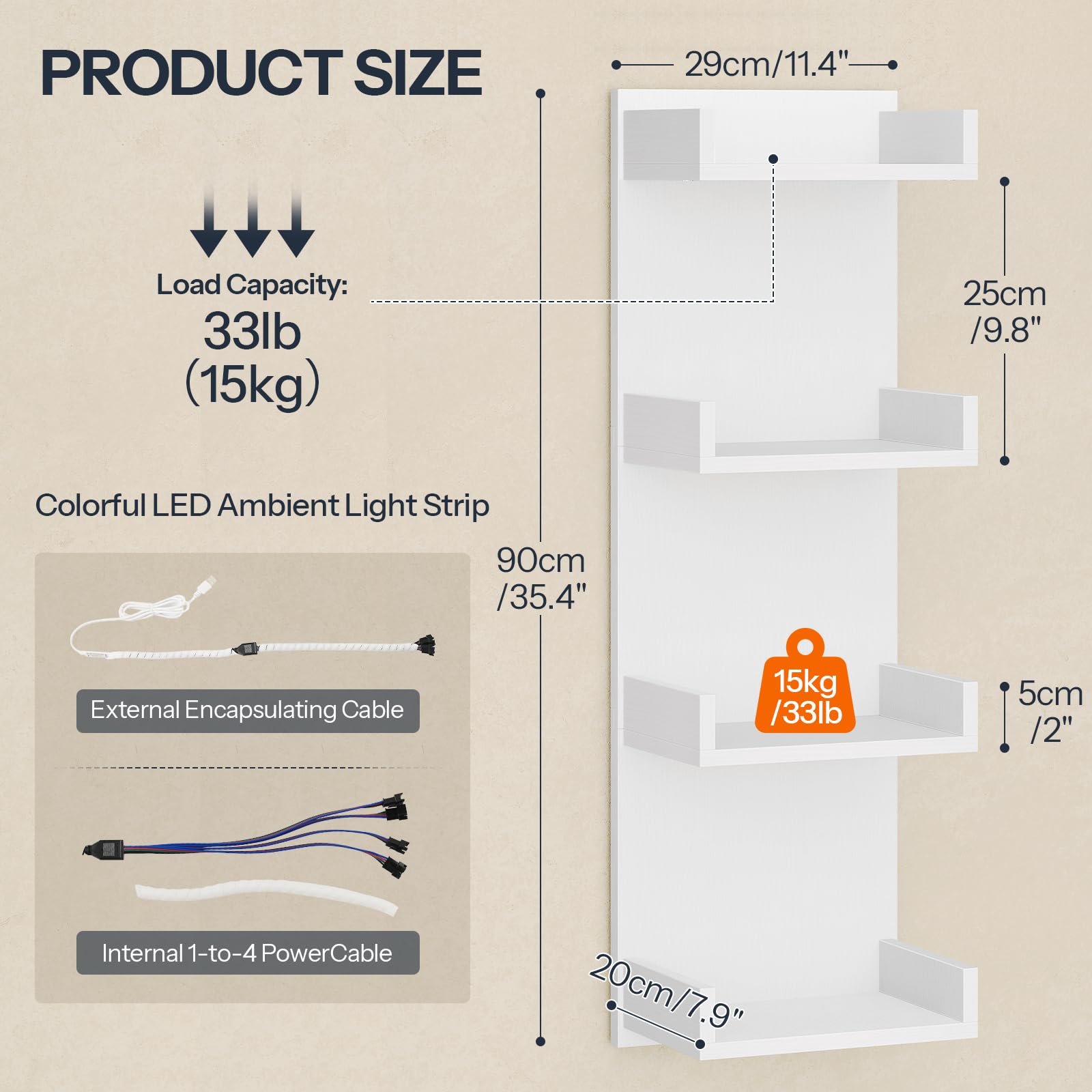 Product size and feature chart with dimensions and specifications on a beige background