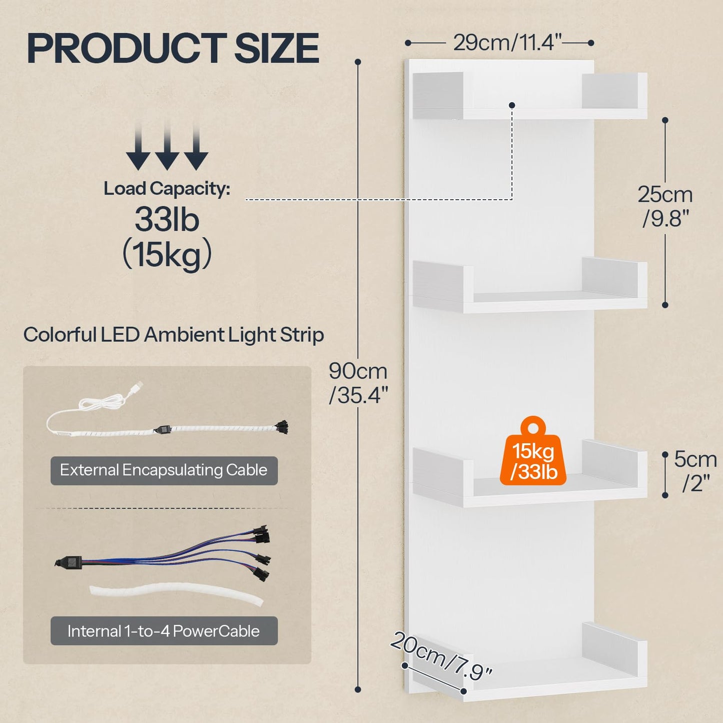 HOOBRO 4-Tier Floating Wall Shelves with LED Lights