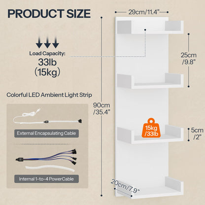 HOOBRO 4-Tier Floating Wall Shelves with LED Lights