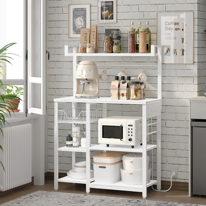HOOBRO Bakers Rack with Power Outlet, 35.4 Inches Coffee Bar with Mesh Basket, Microwave Stand with 4 S-Shaped Hooks, Kitchen Bakers Rack with Storage, Easy to Assemble, White WT05HB01