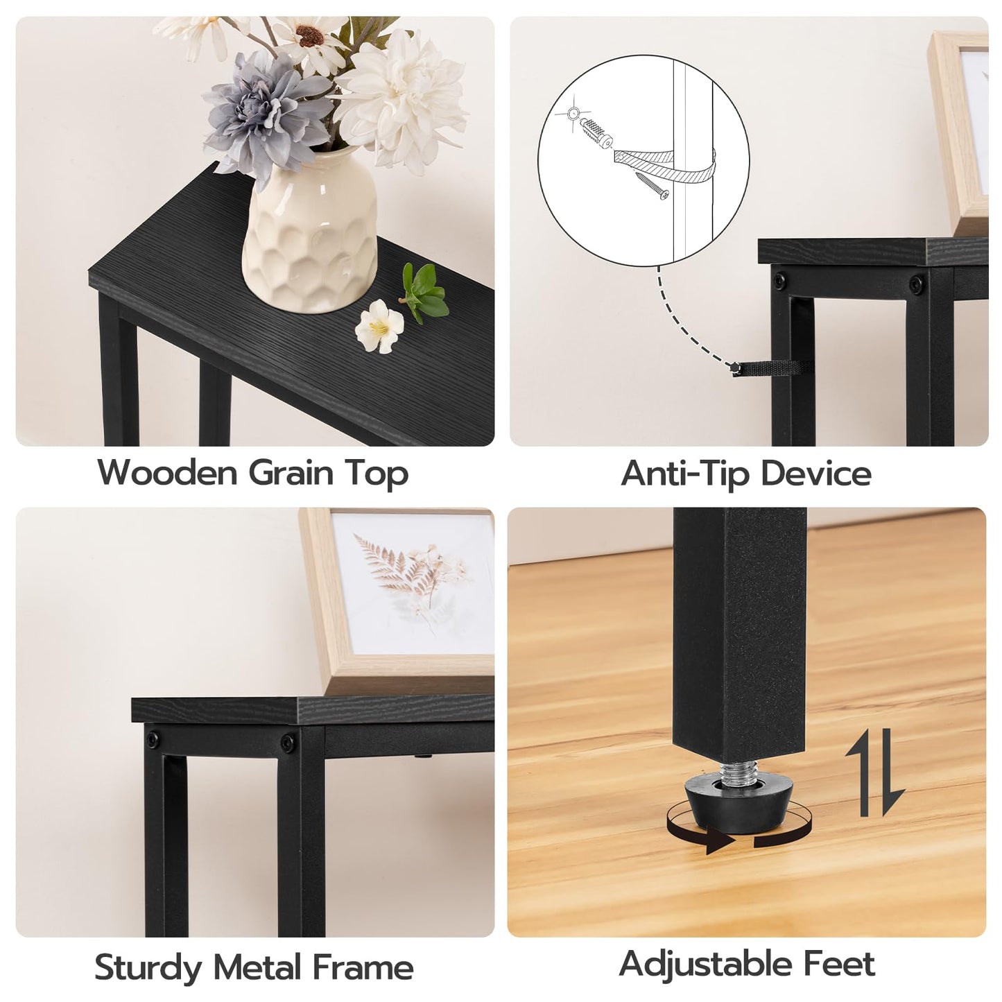 HOOBRO Black 63-inch Narrow Console Table with Charging Station & 2 Power Outlets & USB Port