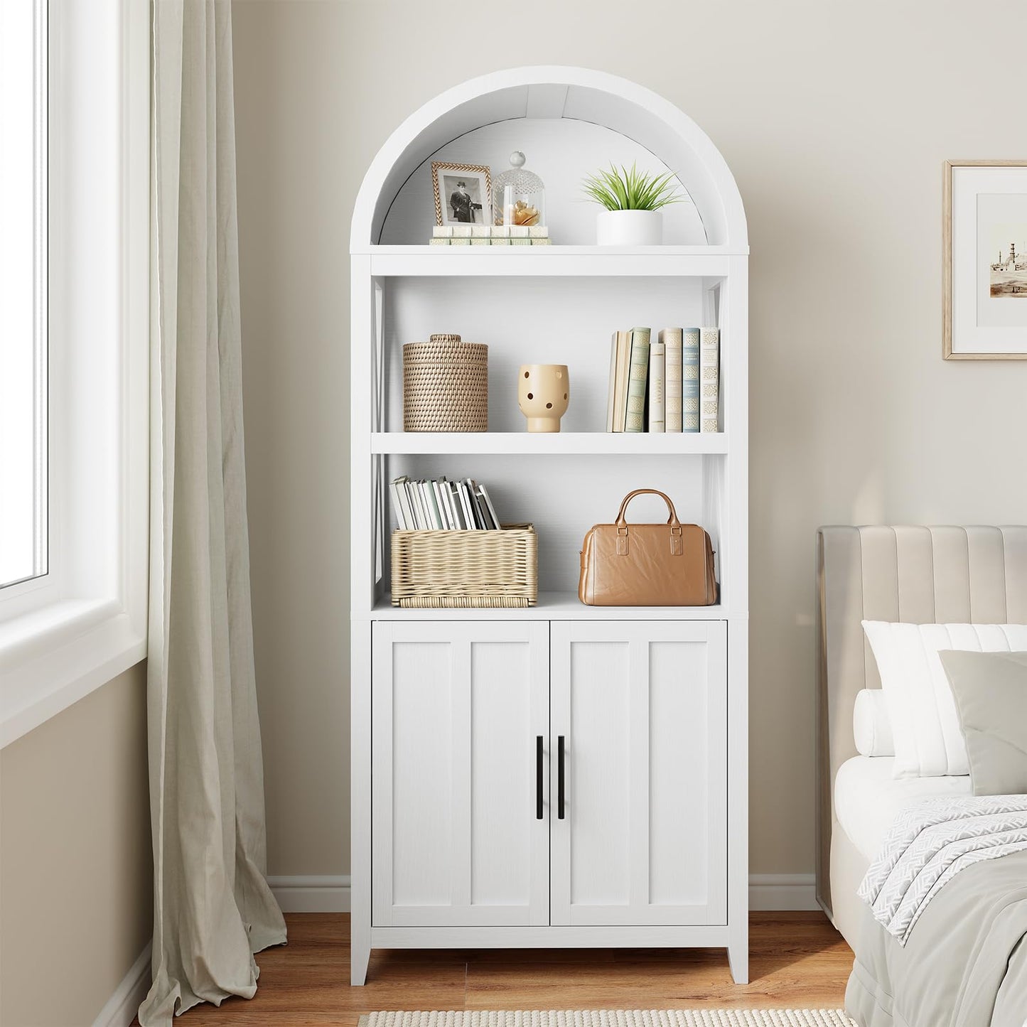 White bookshelf with decorative items in a bedroom setting