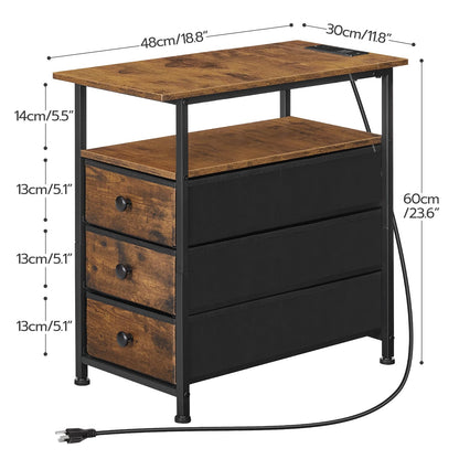 HOOBRO End Table, Narrow Side Table with Charging Station, Nightstand with 3 Non-Woven Fabric Drawers, Bedside Table for Small Spaces, for Living Room, Bedroom, Rustic Brown and Black BF483UBZ01
