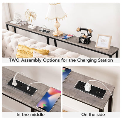 HOOBRO Greige 70.9-inch Narrow Console Table with Charging Station & Two Power Outlets & USB Port