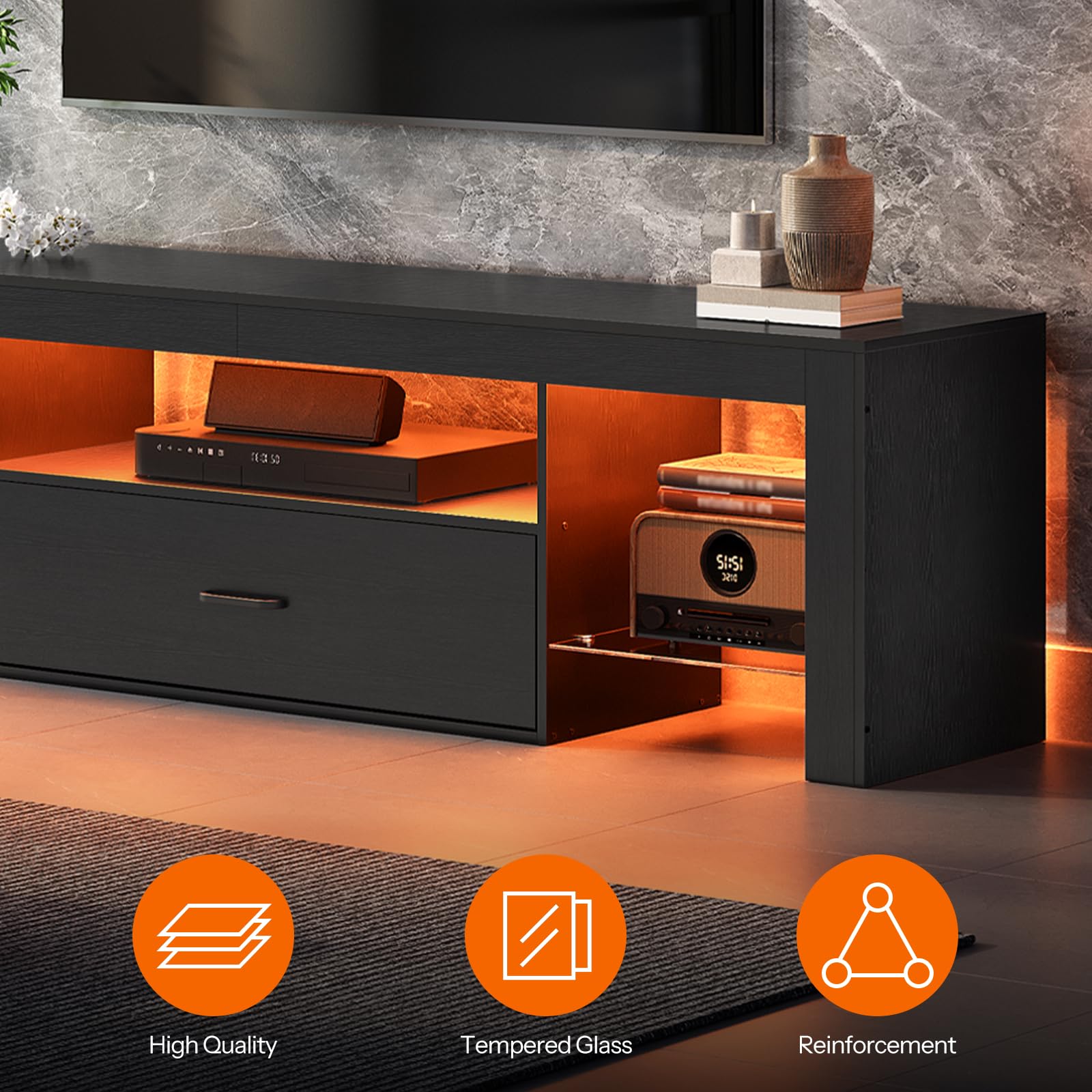 HOOBRO LED TV Stand with Power Outlets for Up to 65″ TVs