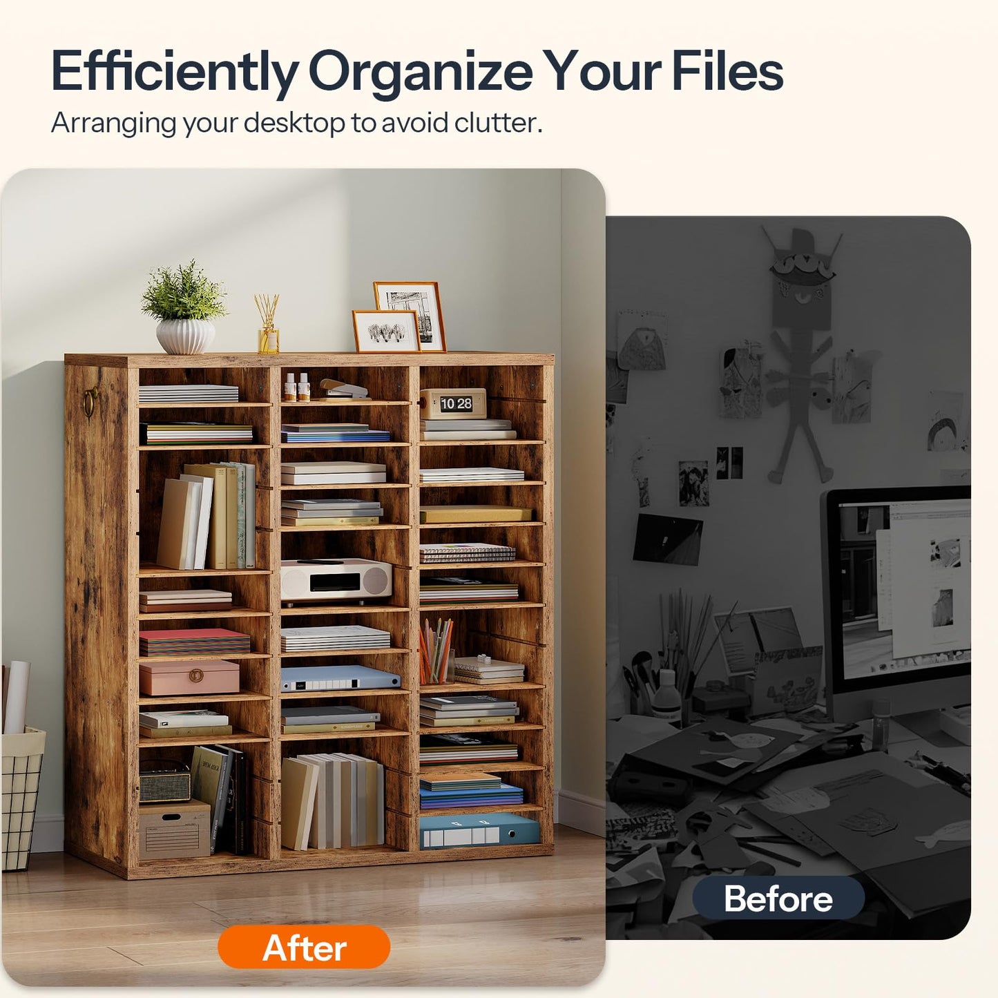 HOOBRO 36-Compartment Wooden Document Organizer with Adjustable Shelves