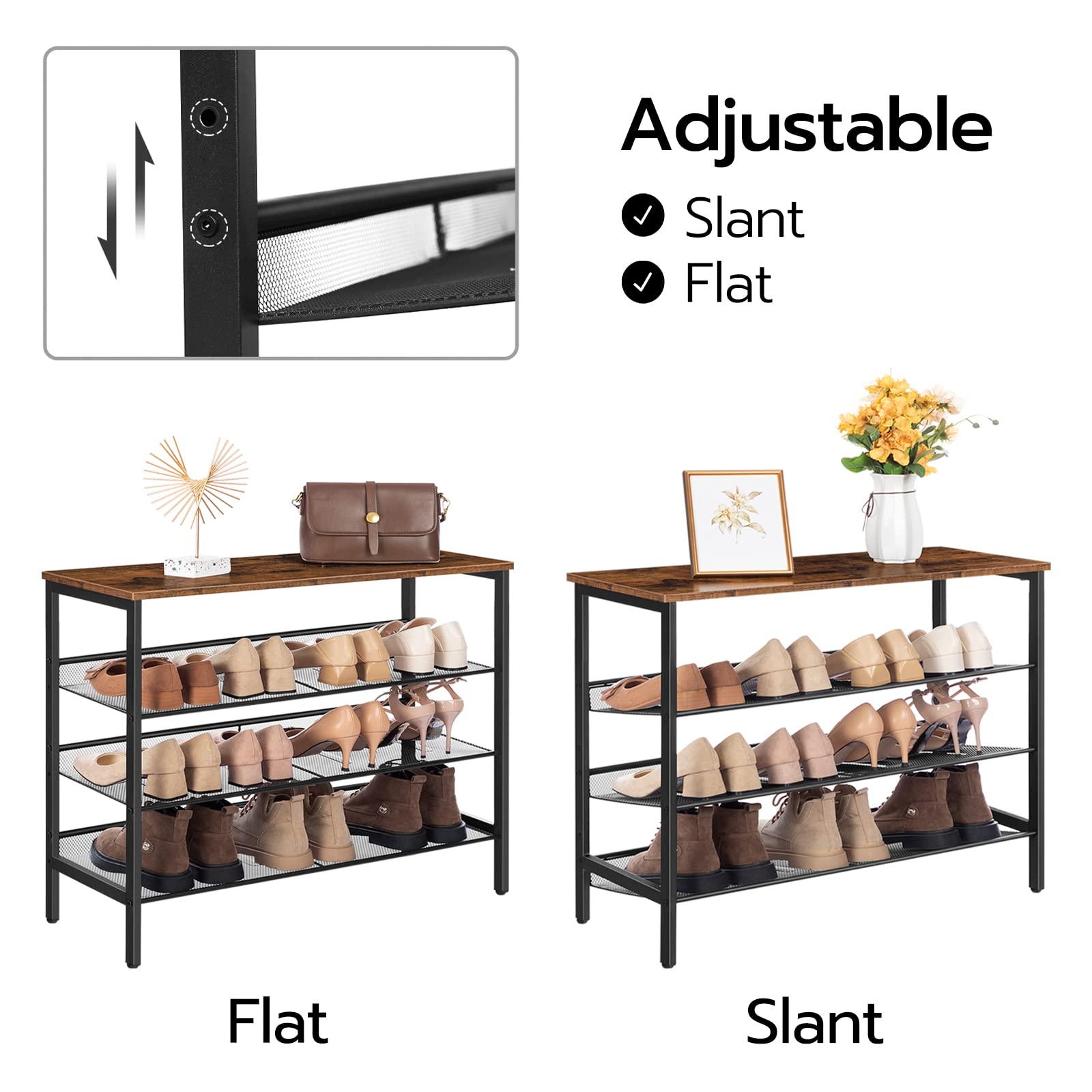 Two shoe racks with adjustable slant feature, displaying shoes and decorative items.